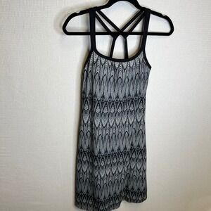 Prana Quinn Dress XS Black White Geometric Feather Print Built In Bra Athletic